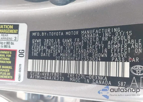 2015 Toyota Corolla Le from USA, damaged, VIN 2T1BURHE4FC353034